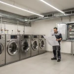 Interno di una lavanderia self-service automatica in fase di allestimento con macchine, impianti e dotazioni di sicurezza