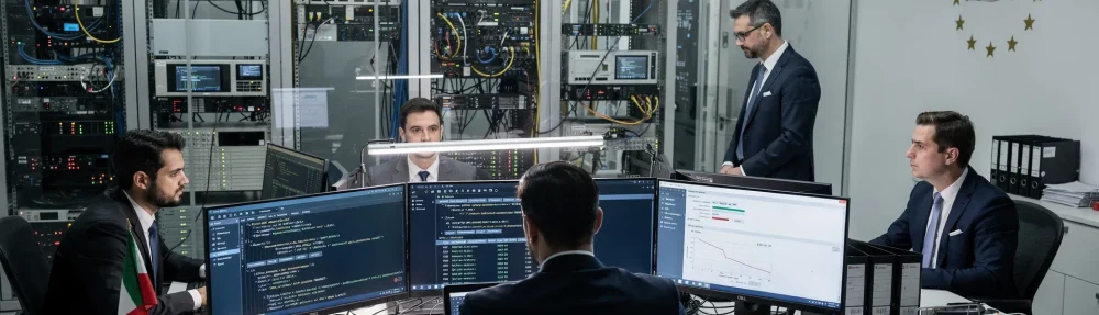 Team amministrativo e IT in ufficio mentre controlla flussi XML di fatturazione elettronica europea collegati a un backend IBM i