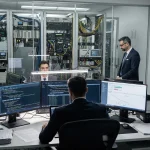 Team amministrativo e IT in ufficio mentre controlla flussi XML di fatturazione elettronica europea collegati a un backend IBM i